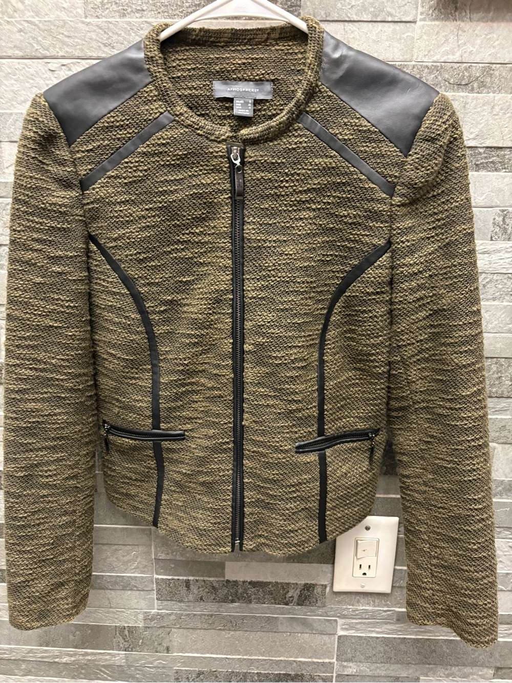 Atmosphere Olive Green Tweed Zip-Front Jacket with Black Trim